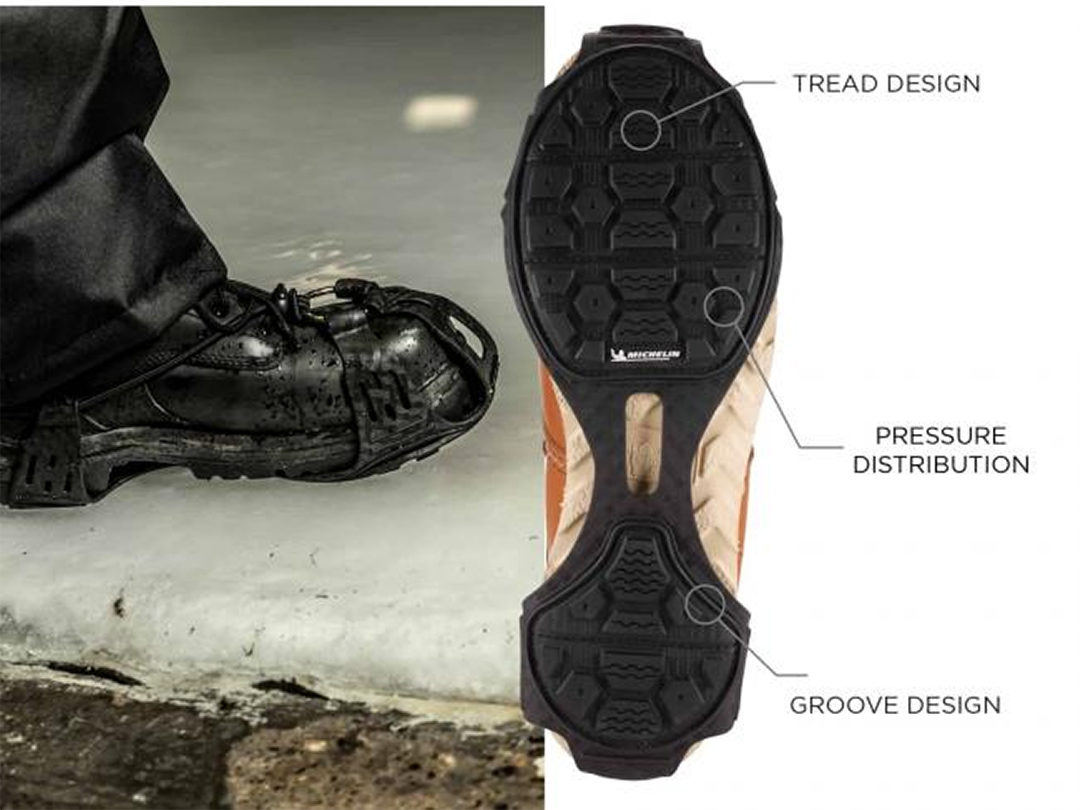 Image displaying fit of TREX Spikeless Traction Device on a shoe. Fits around heal and toe with a bottom sole and cinch top. Bottom sole shows tread design with components for pressure distribution and grooves.