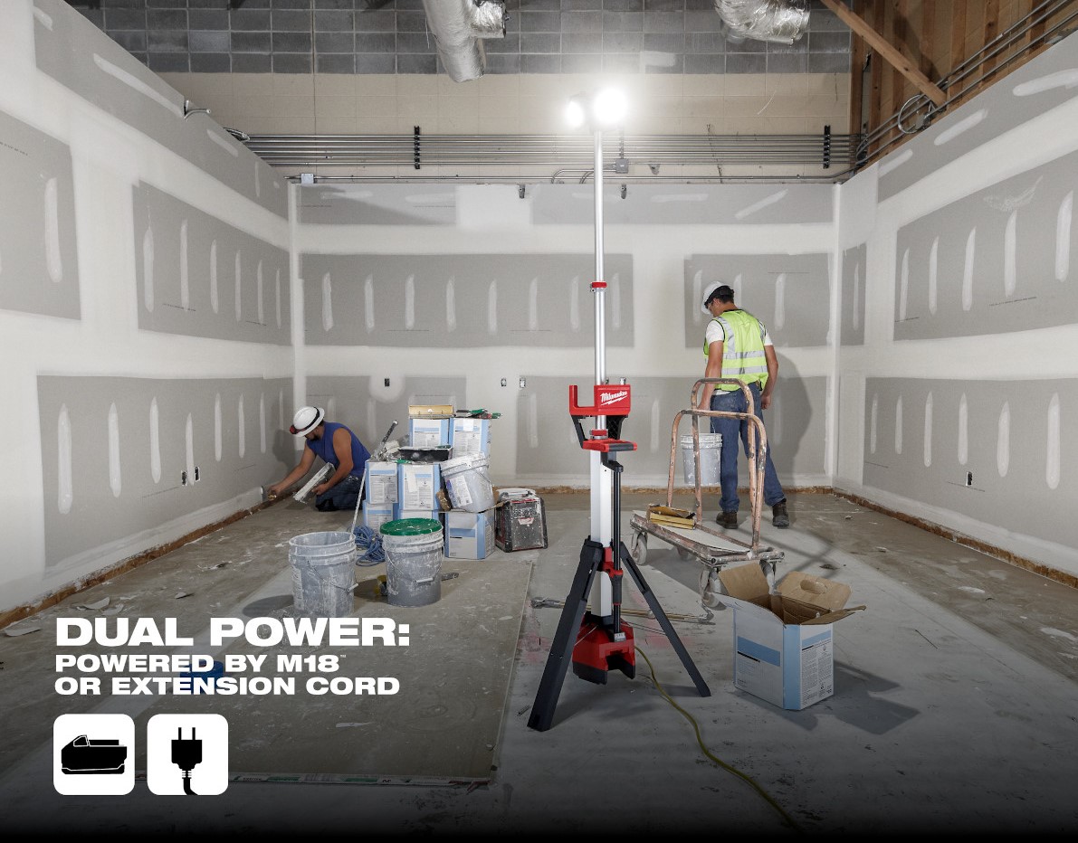 Milwaukee M18 Rocket Tower Light lighting jobsite. Application in this image is drywall finishing and painting.
