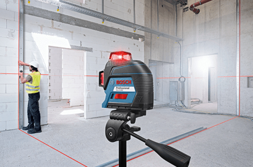 Bosch Red Cross-Beam Laser Level being used on the job site