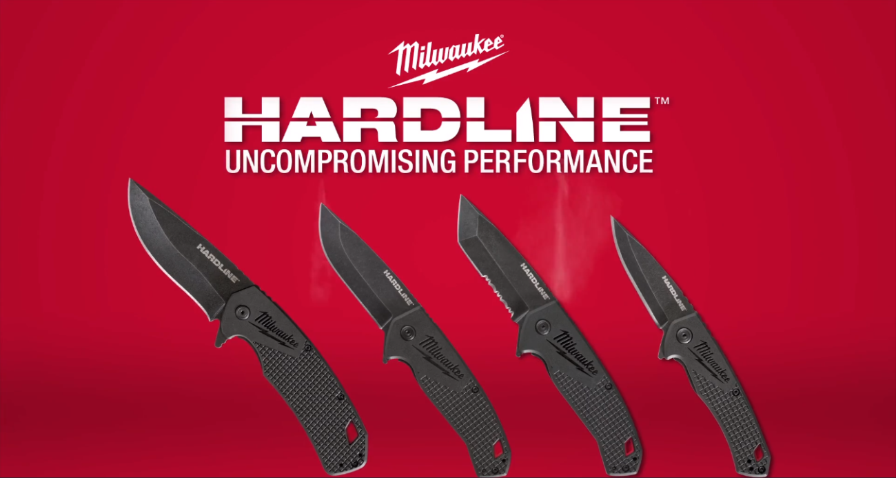 Milwaukee 2 inch, 3 inch, and 3.5 inch smooth drop point blade and 3 inch partially serrated tanto blade Hardline knives.