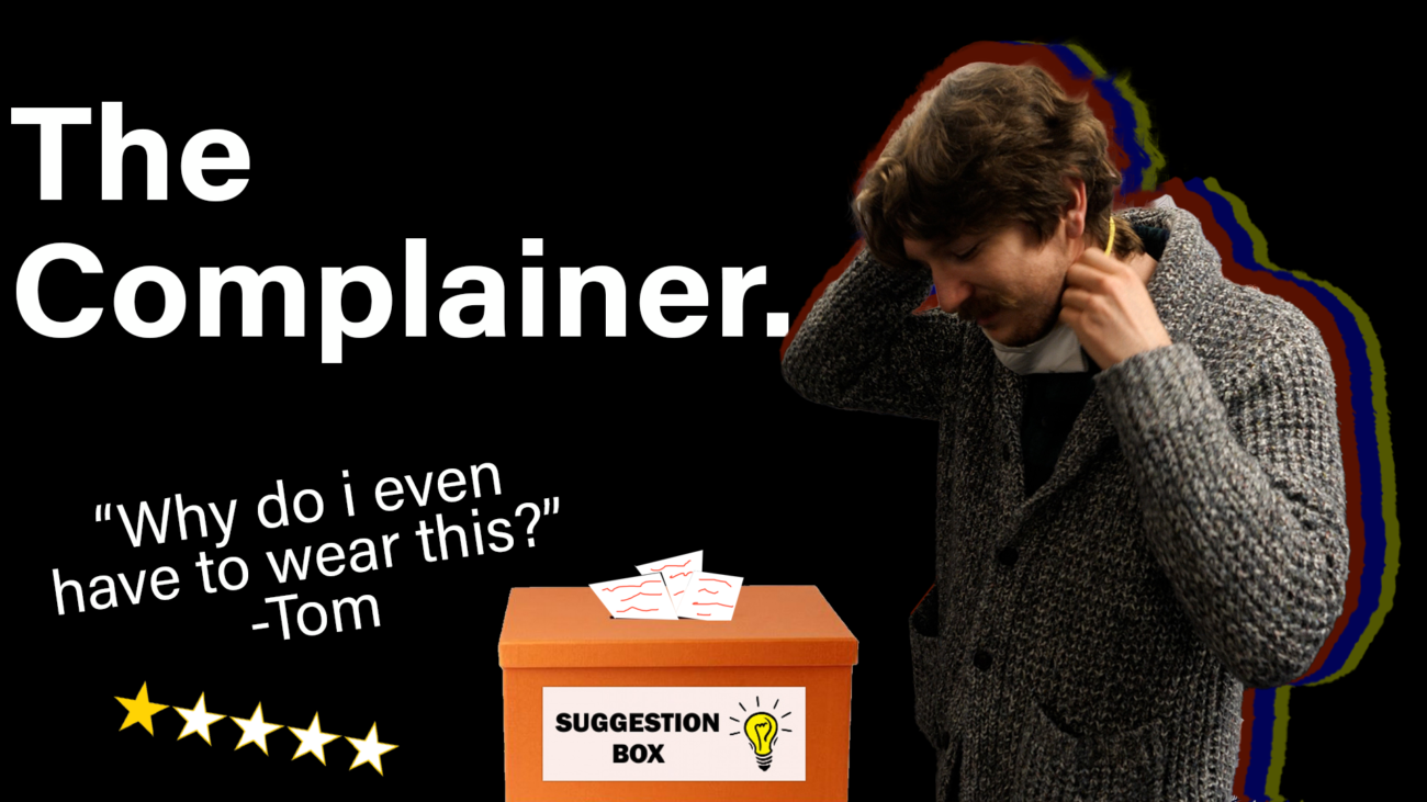 The "complainer" wears a dual-elastic N95 mask that goes behind his head and neck. 