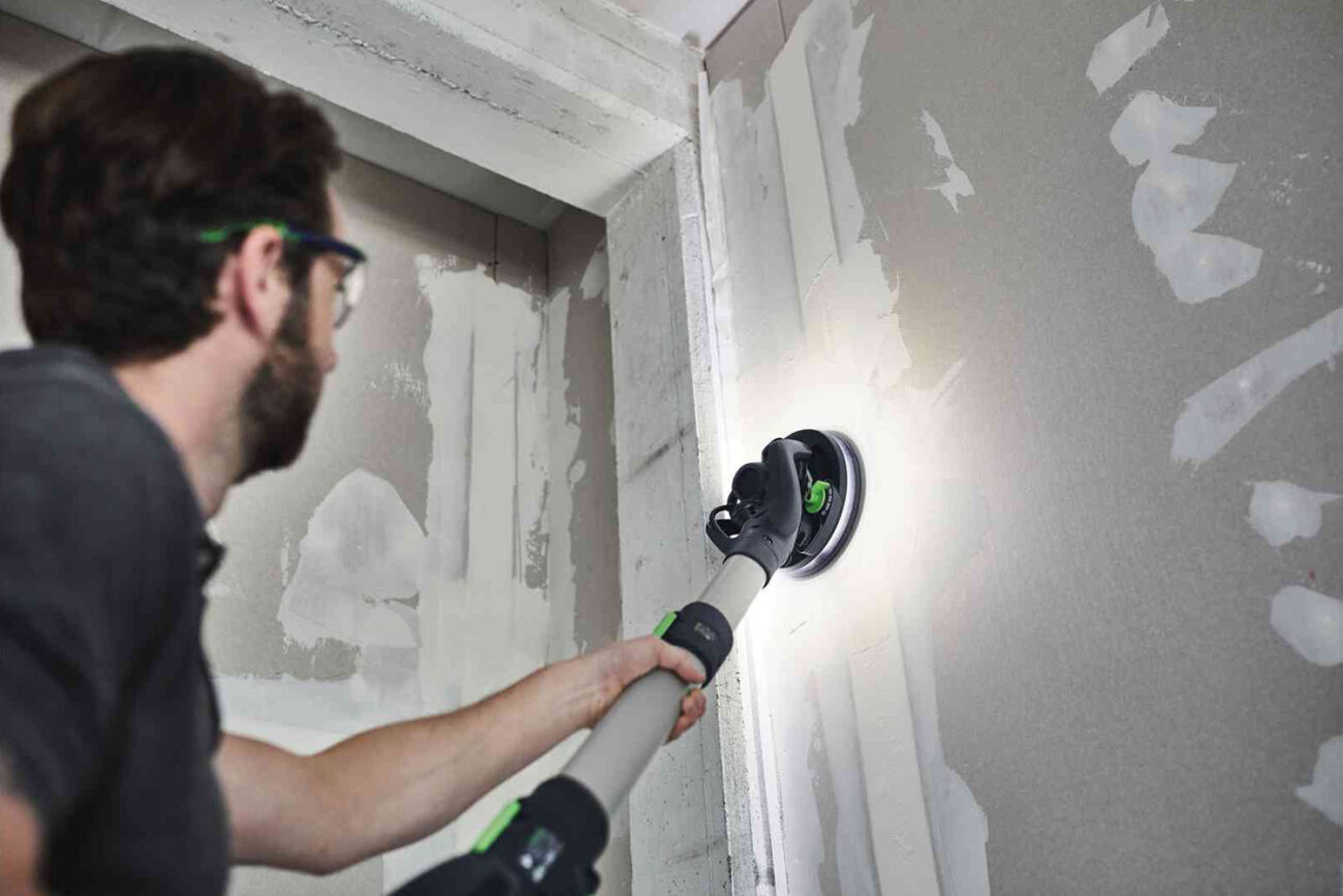 The PLANEX sander has a 360-degree LED light surrounding the sanding pad for a better view of uneven surfaces. 