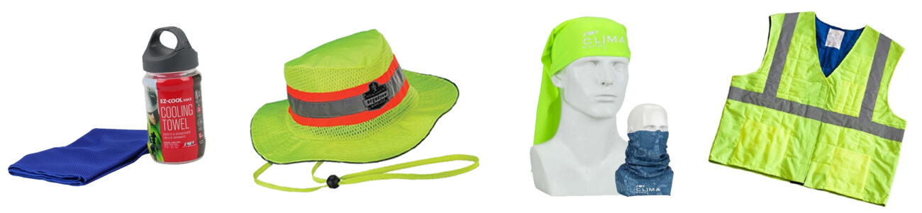 SAS Safety, PIP and Ergodyne Heat Stress Cooling Gear -- towels, hats, masks, vests, etc.