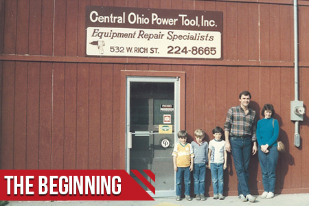 The Amstutz family standing outside of Central Ohio Power Tool when the company first opened in 1983.