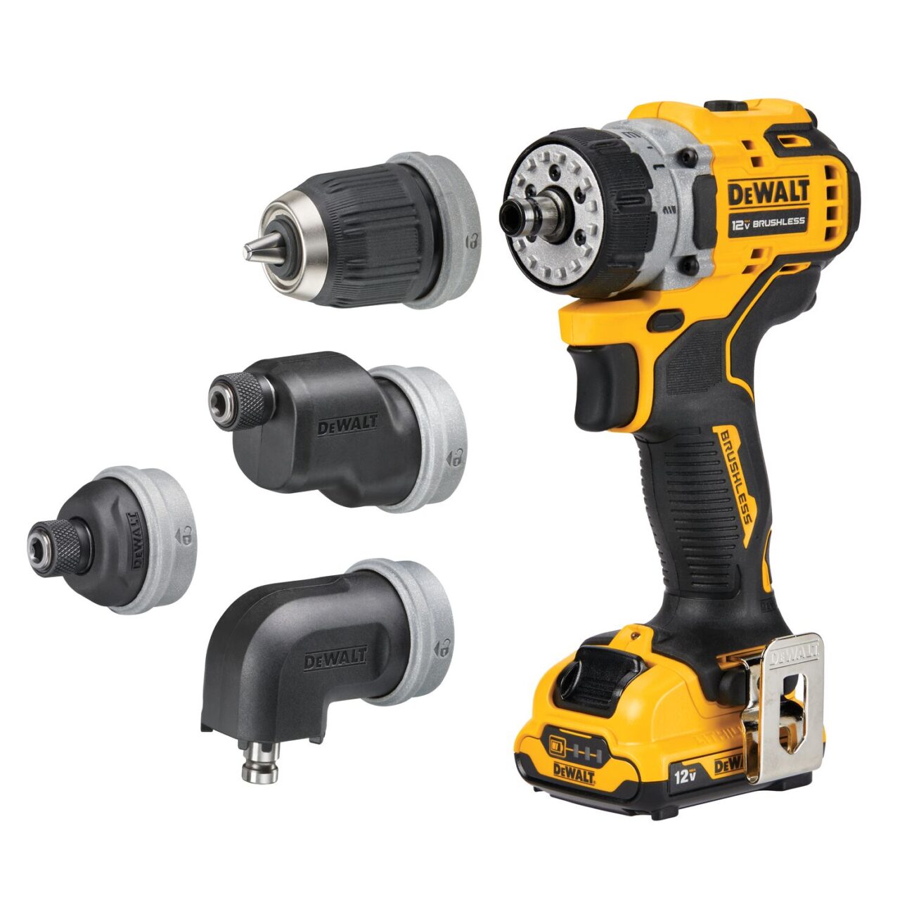 The 12V MAX 5-in-1 Drill/Driver is pictured with its four interchangeable attachments. 