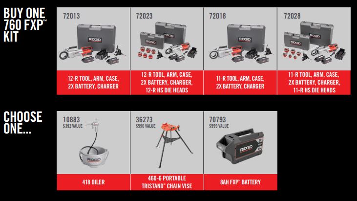  760 FXP Kits: 12-R Power Drive (72013), 12-R Power Drive Complete Kit (72023), 11-R Power Drive (72018), or 11-R Power Drive Complete Kit (72028) you will receive one of the following free items: 418 Oiler (10883), 460-6 Portable Tristand Chain Vise (36273), or RB-FXP80 8.0Ah Battery (70793). 